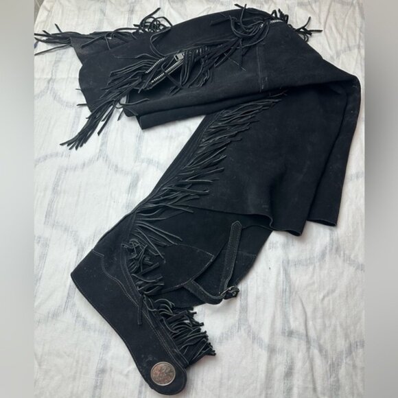 Black Fringe Leather Chaps - Picture 1 of 8